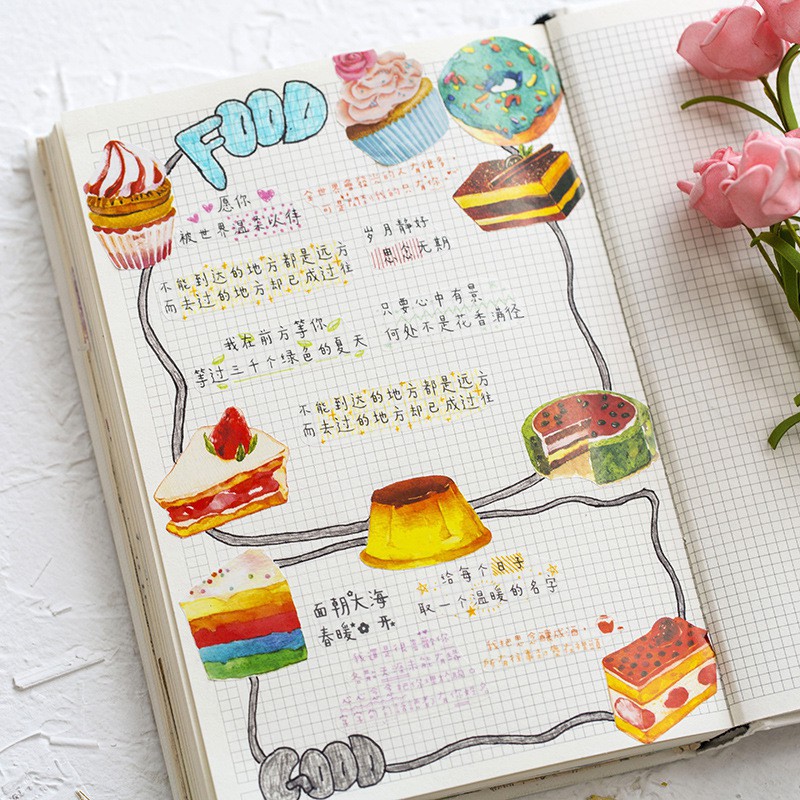 Hộp 50 sticker nhãn dán Sen đá, Bánh ngọt trang trí planner scrapbook M018 - M091