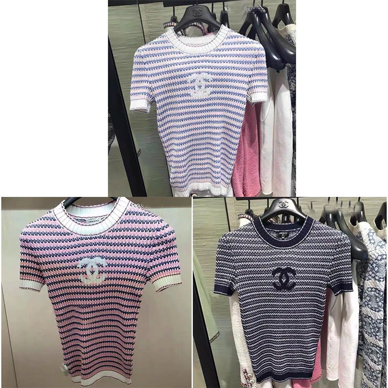 Freezia retro women knit stripe short sleeve T shirt wool clothing top