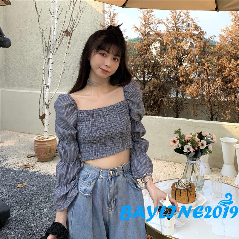 Áo Lửng Tay Dài Họa Tiết Sọc Thời Trang Quyến Rũ Cho Nữ