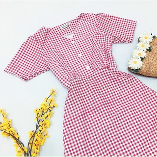Đầm váy caro đỏ nút trắng (kèm hình thật)
