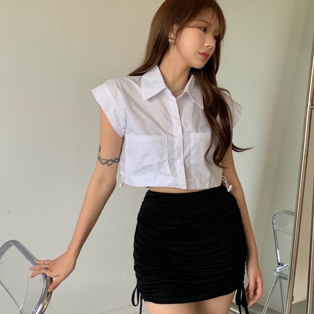 Áo sơ mi croptop nữ tay ngắn JUNEST dây rút eo cổ đức SMDR02