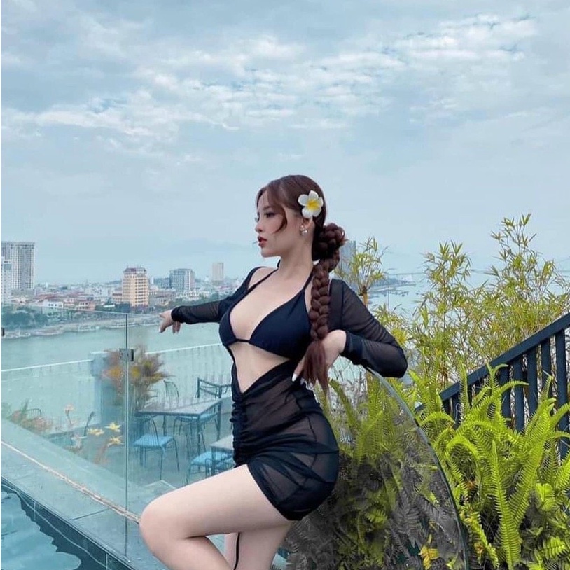 [BIKINI 2 MẢNH CAO CẤP] Đồ bơi đi biển áo tam giác mix chip sexy kèm áo ren lưới khoác ngoài màu đen