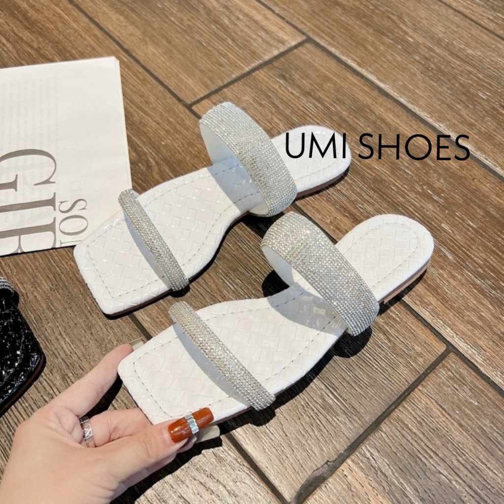 Dép nữ đi lê quai ngang chéo đính đá mảnh sáng da mũi vuông đế bệt đi biển xinh mới hot màu đen/trắng