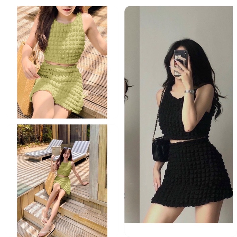 🌹🌹𝐒𝐄𝐓 𝐕𝐀́𝐘 𝐗𝐎̂́𝐏 𝐍𝐇𝐀̆𝐍 𝐇𝐀̀𝐍 𝐐𝐔𝐎̂́𝐂 💋💋set váy ba lỗ chất xốp nhăn 😍 Vải xốp tàu chuẩn ảnh, chân váy có lót quần