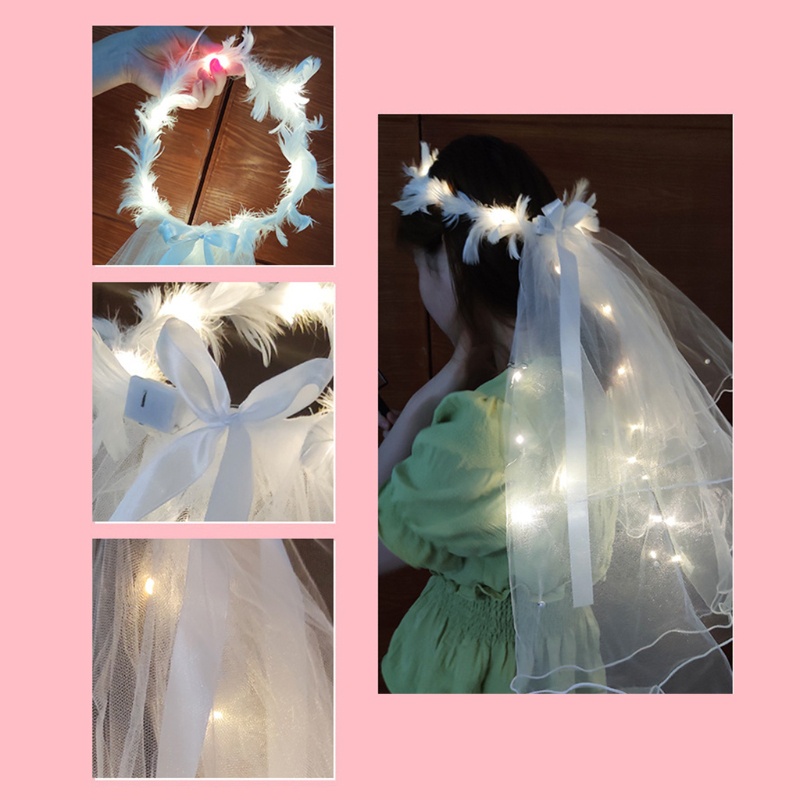 Flgo Vòng Hoa Lông Vũ Có Mạng Che Mặt Và Đèn LED Đẹp Mắt Cho Nữ