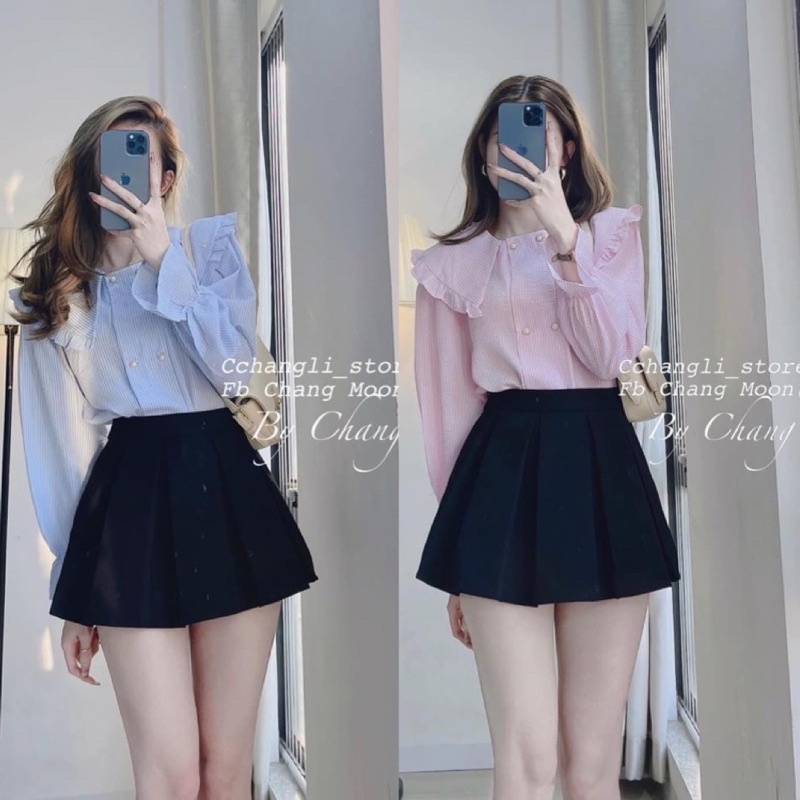Áo sơ mi xốp cổ bèo cúc ngọc - Áo kiểu cách điệu