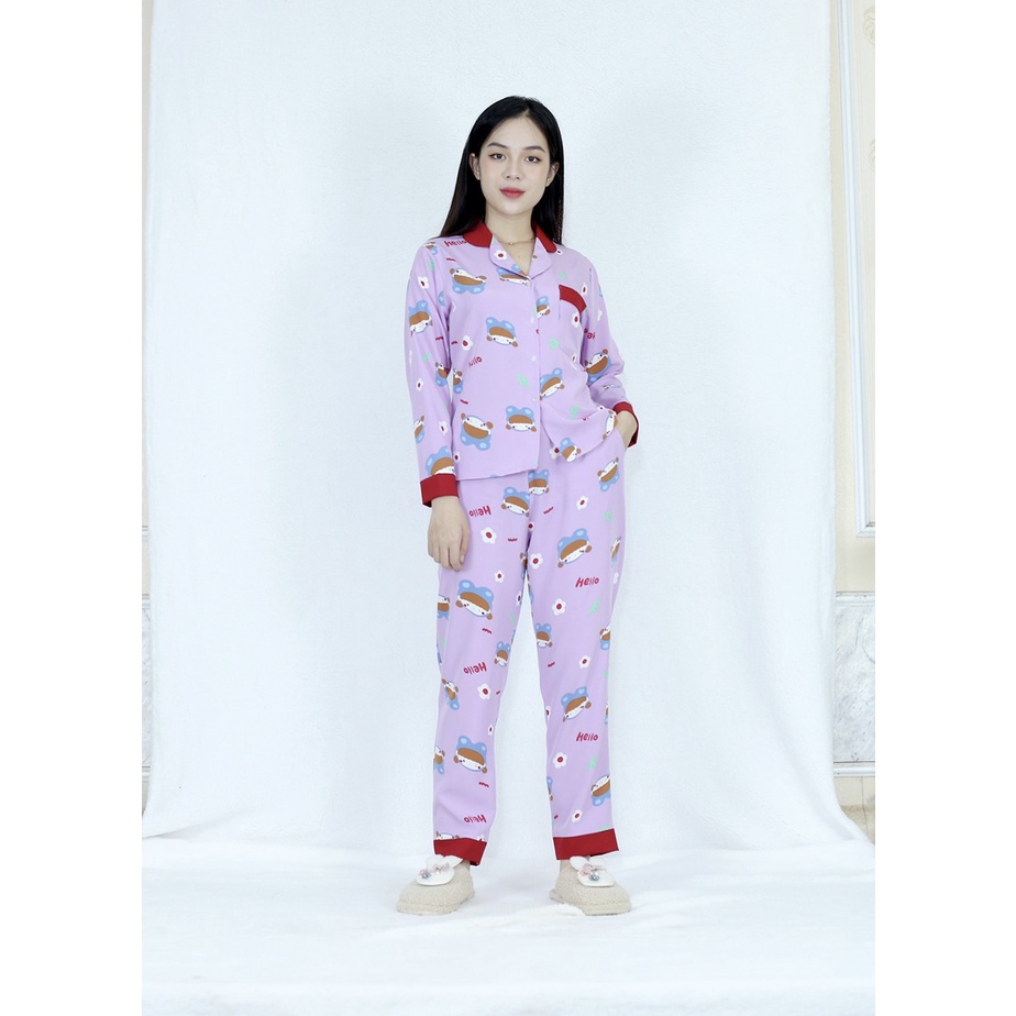 Bộ đồ bộ Pijama QUẦN DÀI TAY DÀI HÌNH THÚ NỀN TÍM xinh xắn  - Vải lụa thoải Mái Nhẹ Nhàng