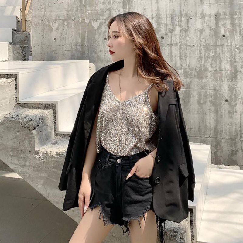 Women's V Neck Glitter Loose Sequined Tank Top