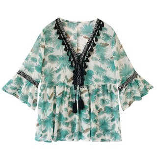 Áo nữ dáng rộng tay ống loe cổ chữ V họa tiết hoa phong cách vintage
