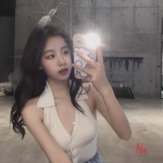 áo thun croptop 3 lỗ cổ bẻ cài cúc hs