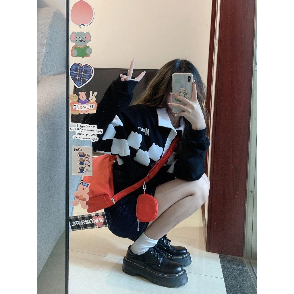 Áo Khoác Polo Dài Tay Dáng Rộng Họa Tiết Ca Rô Đen Trắng Thời Trang Mùa Thu Dành Cho Nữ