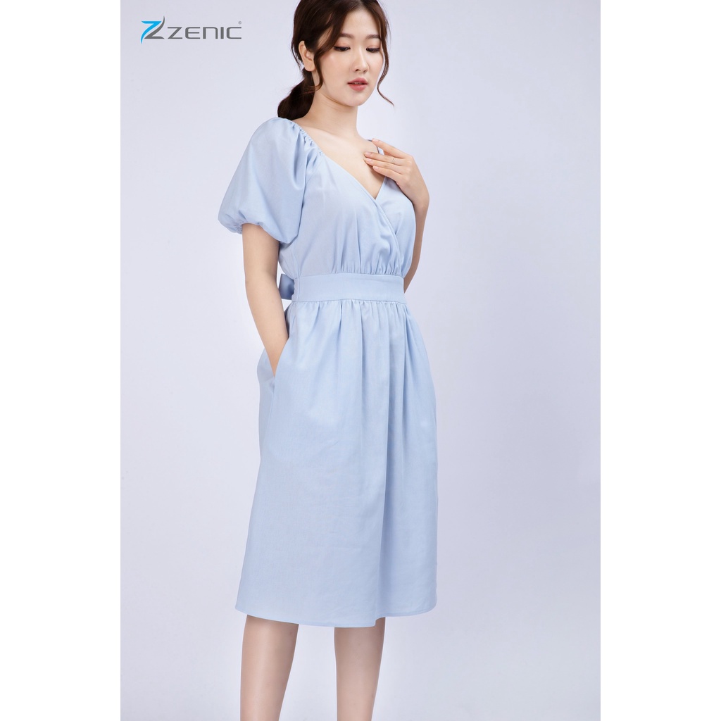 Đầm suông Linen nữ tay ngắn bồng cổ V thắt đai eo 65114 – ZENIC