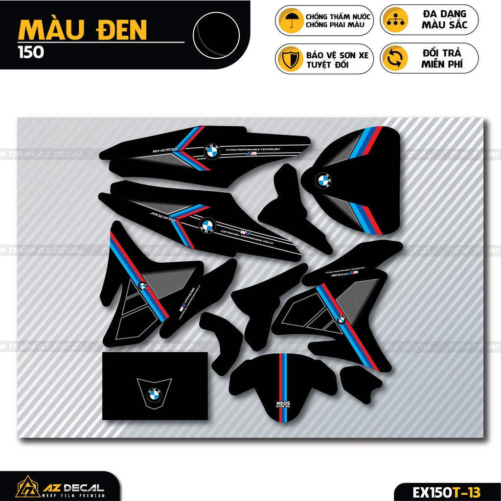 Tem Trùm Exciter 150 Mẫu Performance | EX150T-13 | Team Decal Dán Xe Máy Ex 150 Đẹp Màu Đen, Trắng, Xám