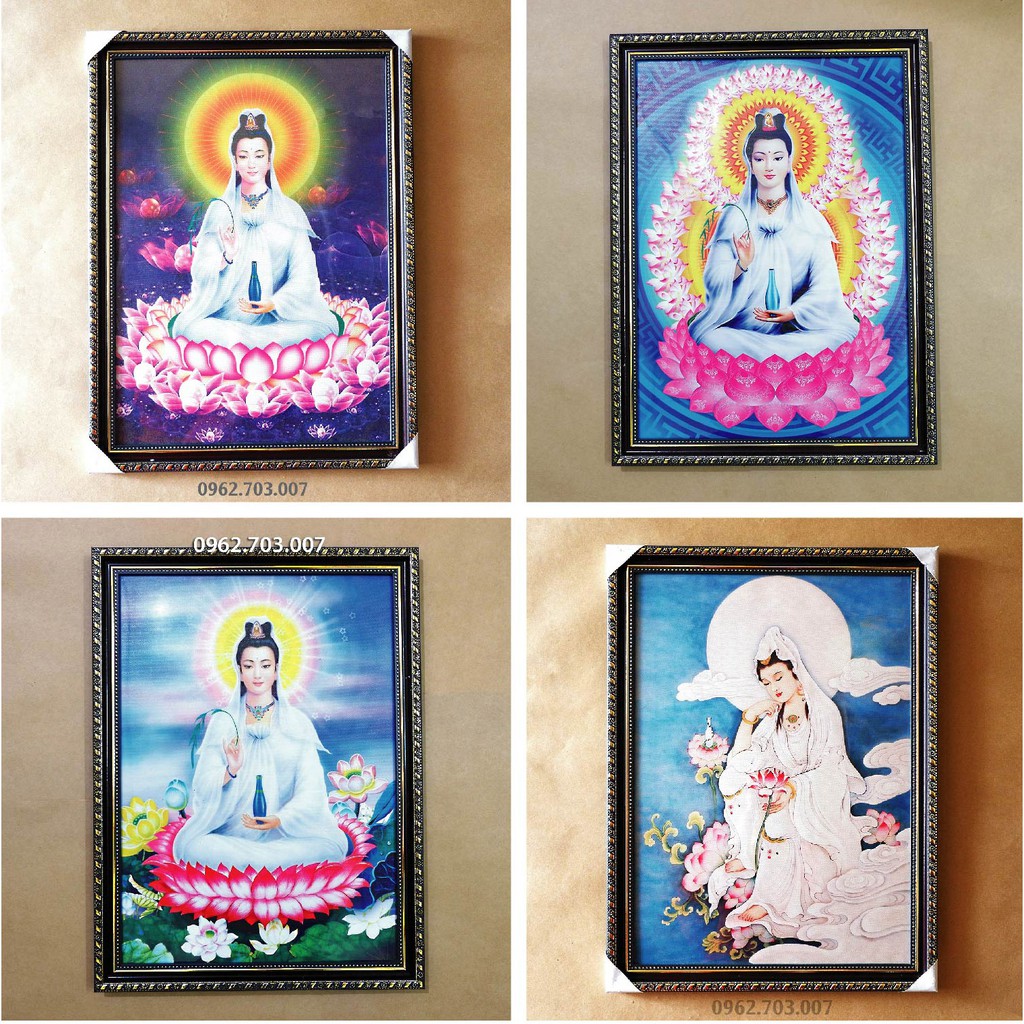 Tranh Quan Âm Bồ Tát 35x47cm bằng vải phủ bóng khung composite