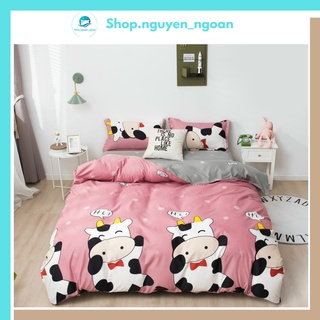 Bộ chăn ga gối Cotton Pl NN Bedding chăn ga mang họa tiết Bò sữa dễ thương miễn phí bo chun bộ ga giường