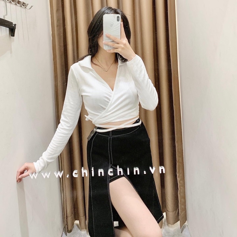 Áo croptop tay dài vạt chéo thắt eo