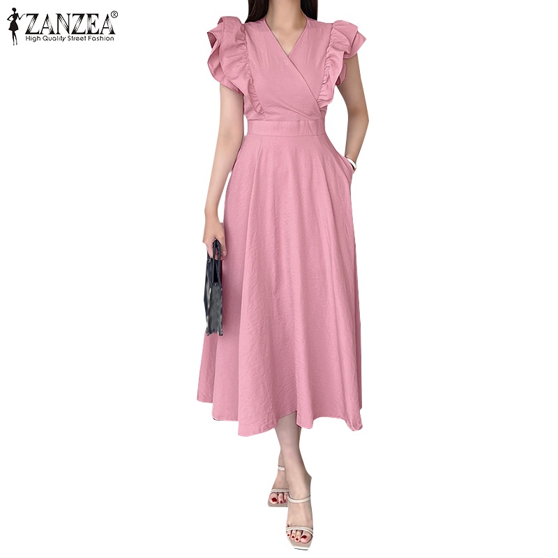 Đầm dài ZANZEA cổ chữ V tay bèo thời trang cho nữ