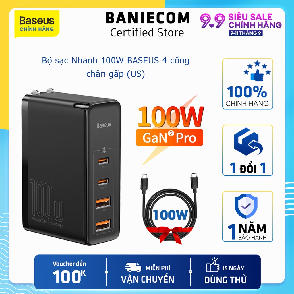 Bộ sạc 100W Baseus GaN2 Pro 100W 4 cổng sạc nhanh PD QC cho Laptop/Smartphone/Tablet - PP Bởi BANIECOM