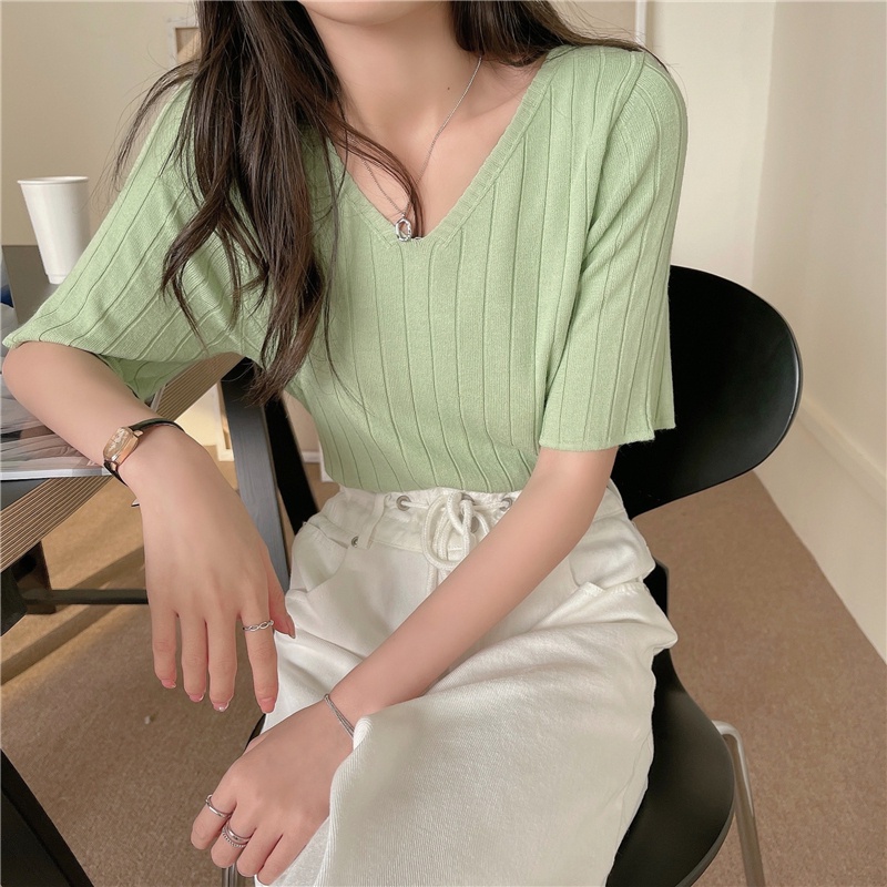 NZN Áo Thun Dệt Kim Tay Ngắn Cổ Chữ V Phong Cách Hàn Quốc Cho Nữ