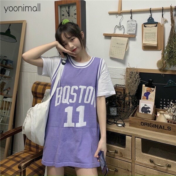 Áo thun tay lỡ Unisex BQSTON 11 BÓNG RỔ TAY PHỐI  form rộng Freesize dành cho nam nữ Molly Fashion