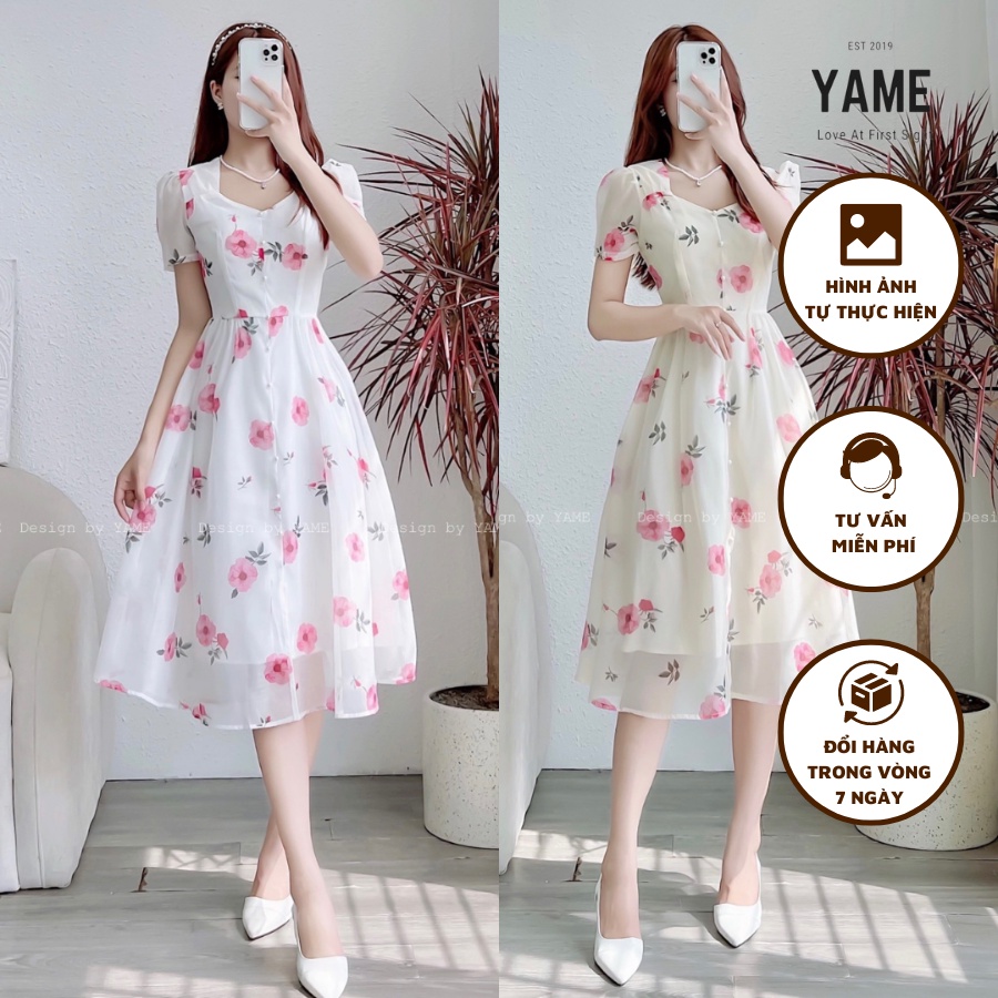 Váy hoa cổ vuông dáng dài tay bồng hai màu trắng, be Lolie YAME
