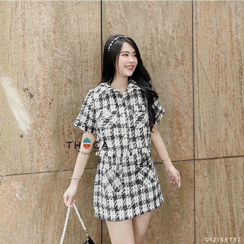 Set tweet áo croptop, chân váy tweet