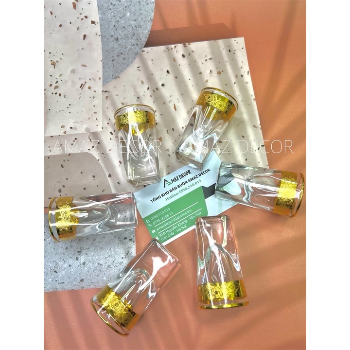 Bộ 6 chén ly rượu thủy tinh đế vuông dày cao cấp sang trọng họa tiết khảm họa tiết vàng