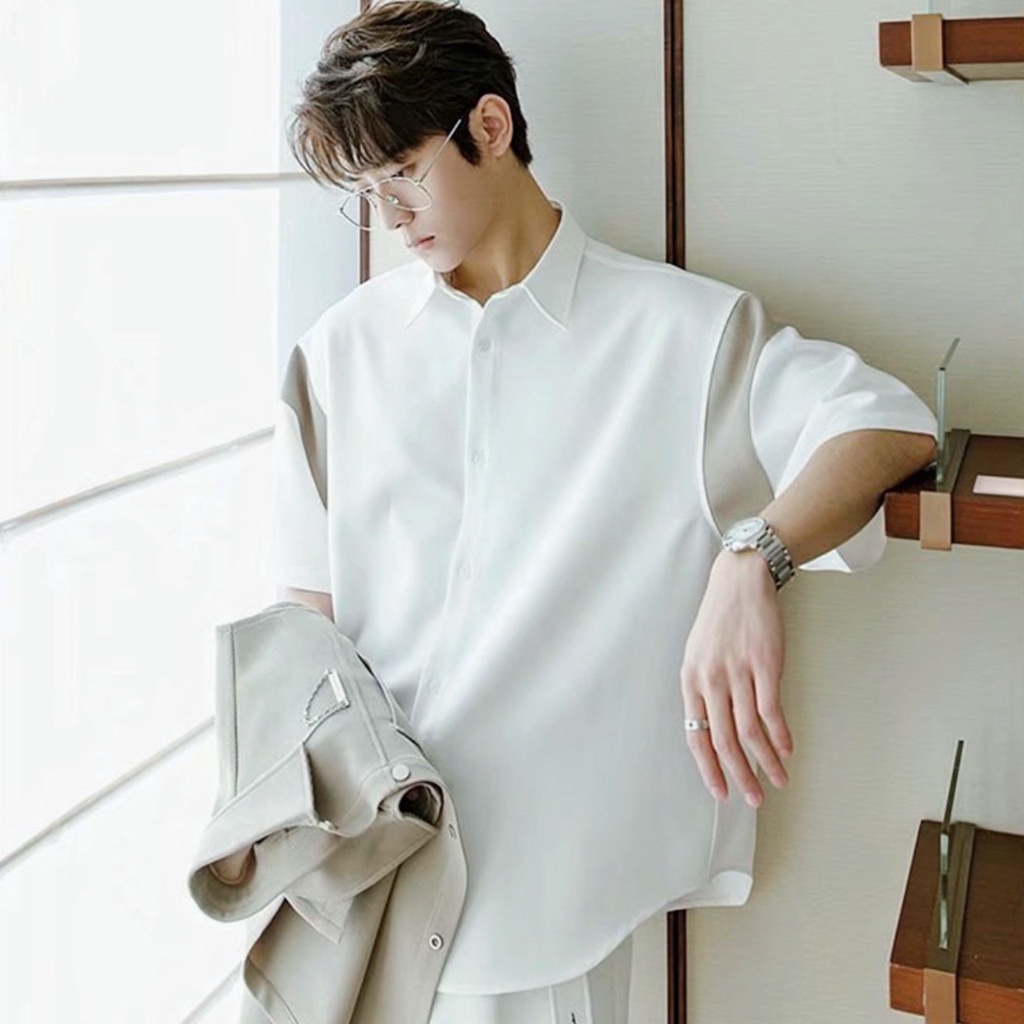 Áo Sơ Mi Trắng Tay Ngắn Phối Màu Xanh/Nâu Nam Premium Unisex Chất Vải Dày Đẹp Hot Trend Mr Smile 99 Shop