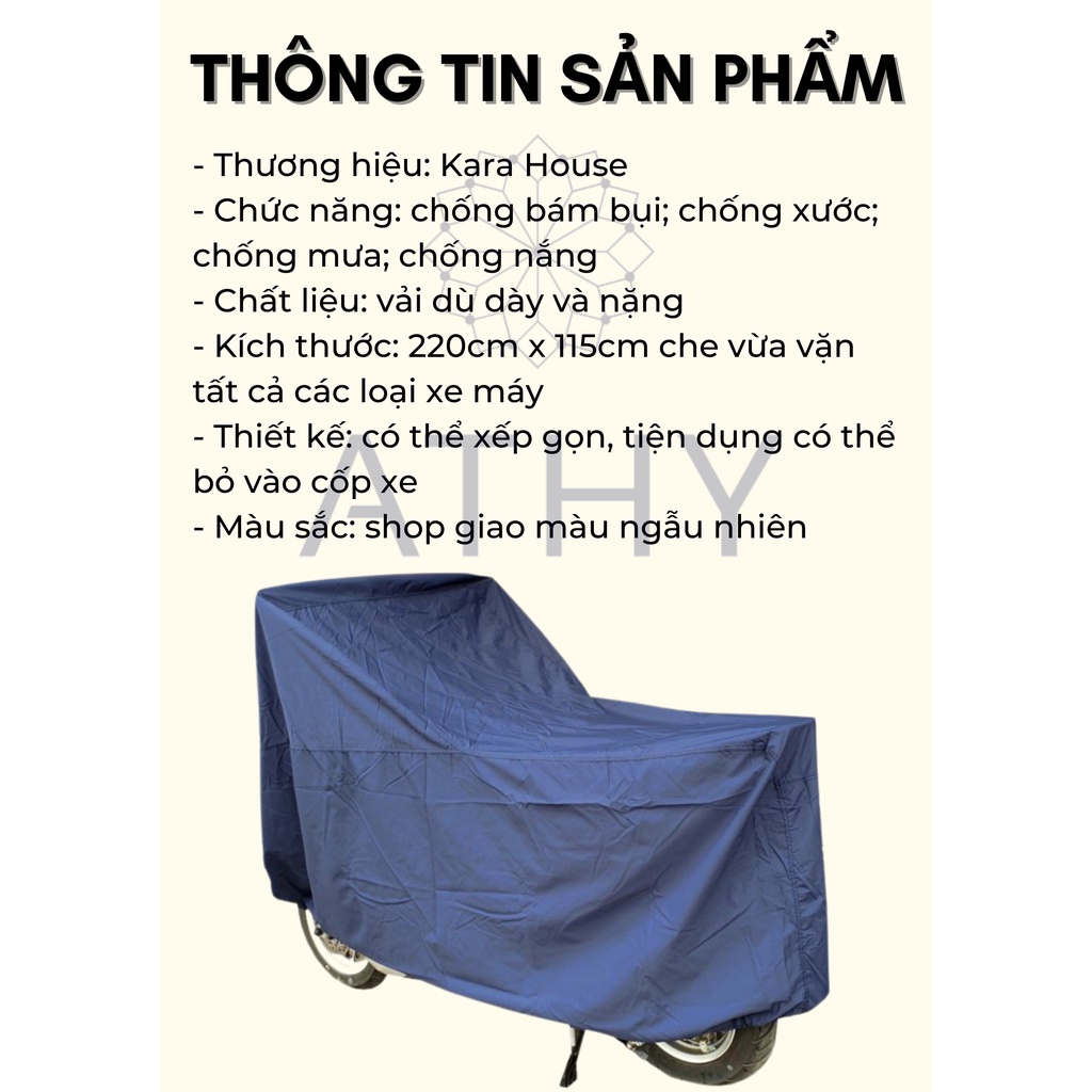BẠT PHỦ XE MÁY VẢI DÙ DÀY CAO CẤP KARA HOUSE công dụng che nắng mưa bụi rất tốt áo trùm xe mô tô chống xước