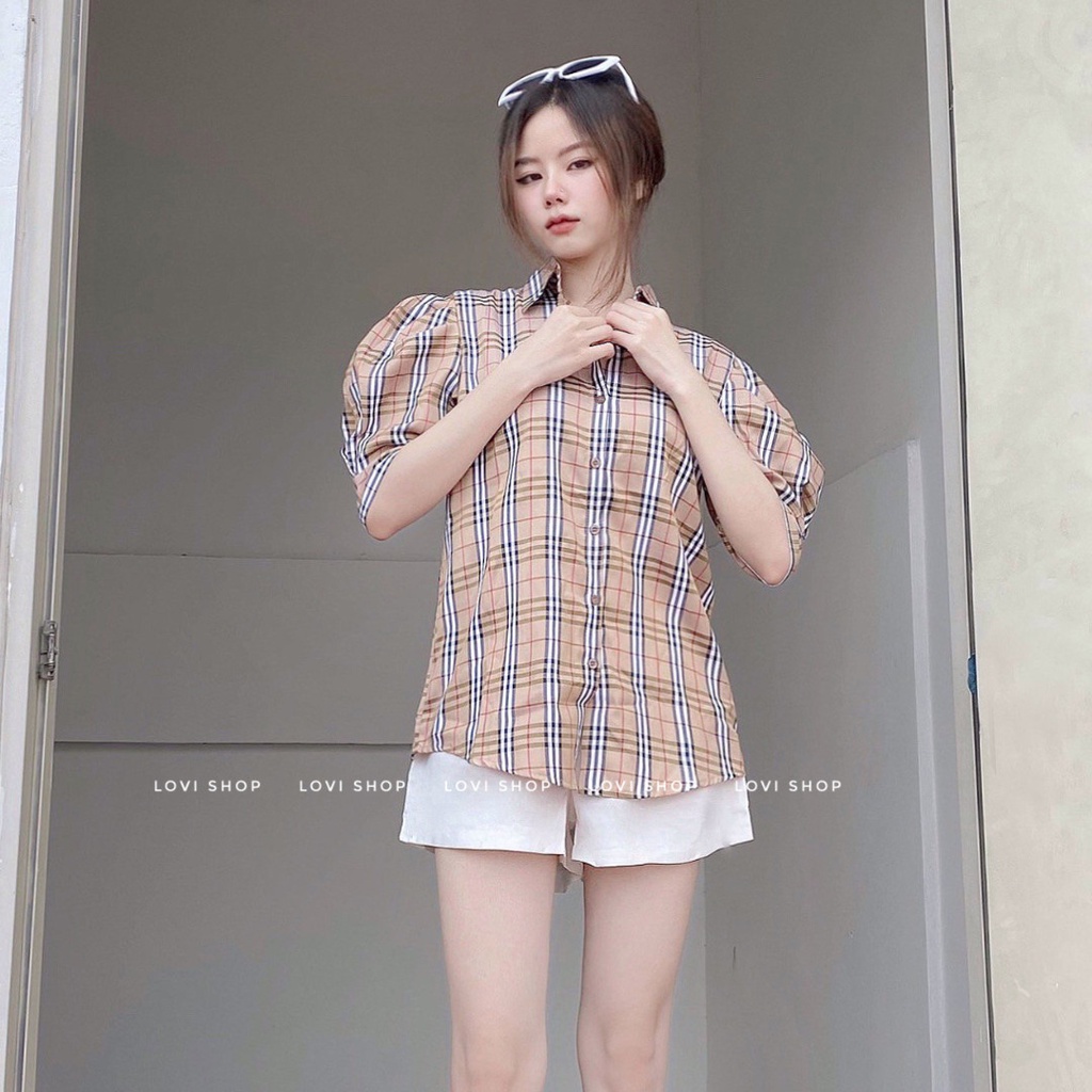Áo sơ mi sọc tay phồng ngắn họa tiết LOVI