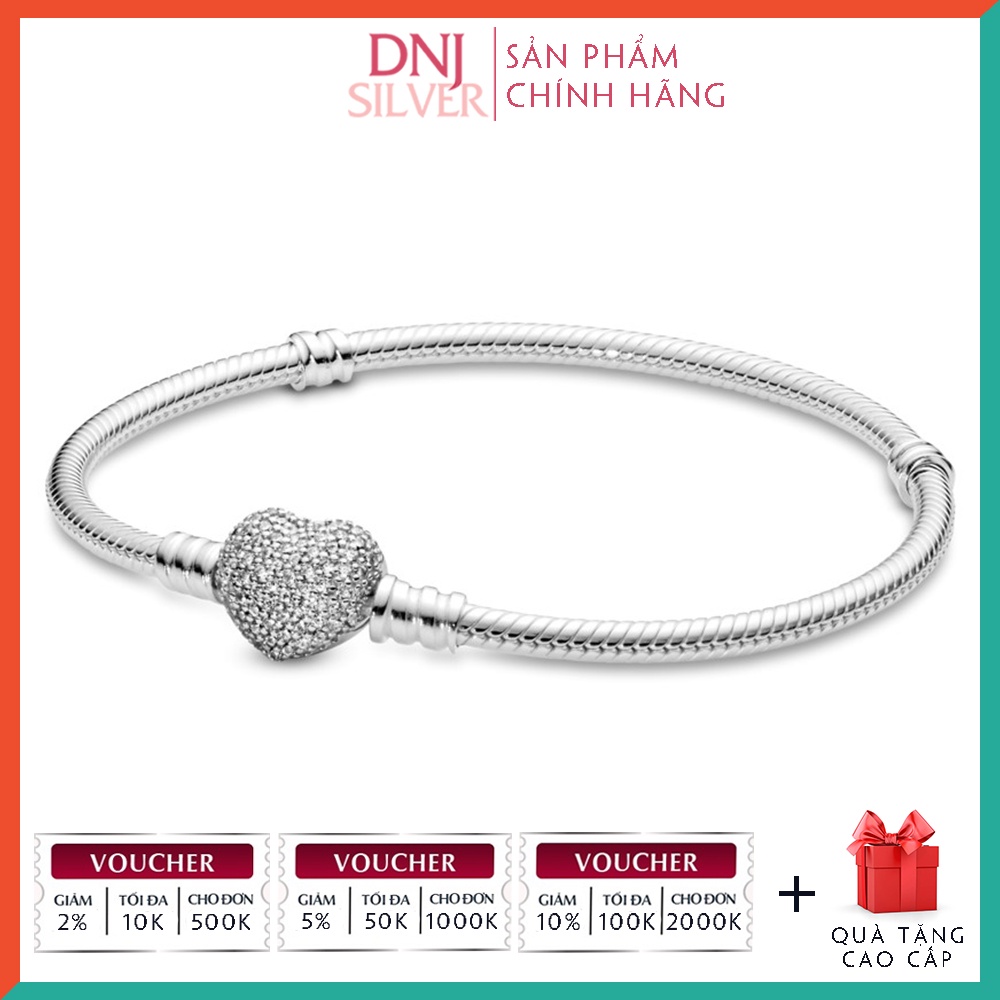 Vòng tay bạc 925 cao cấp - Mẫu vòng Sparkling Heart Pavé Clasp Snake Chain, có thể mix thêm hạt charm tùy thích