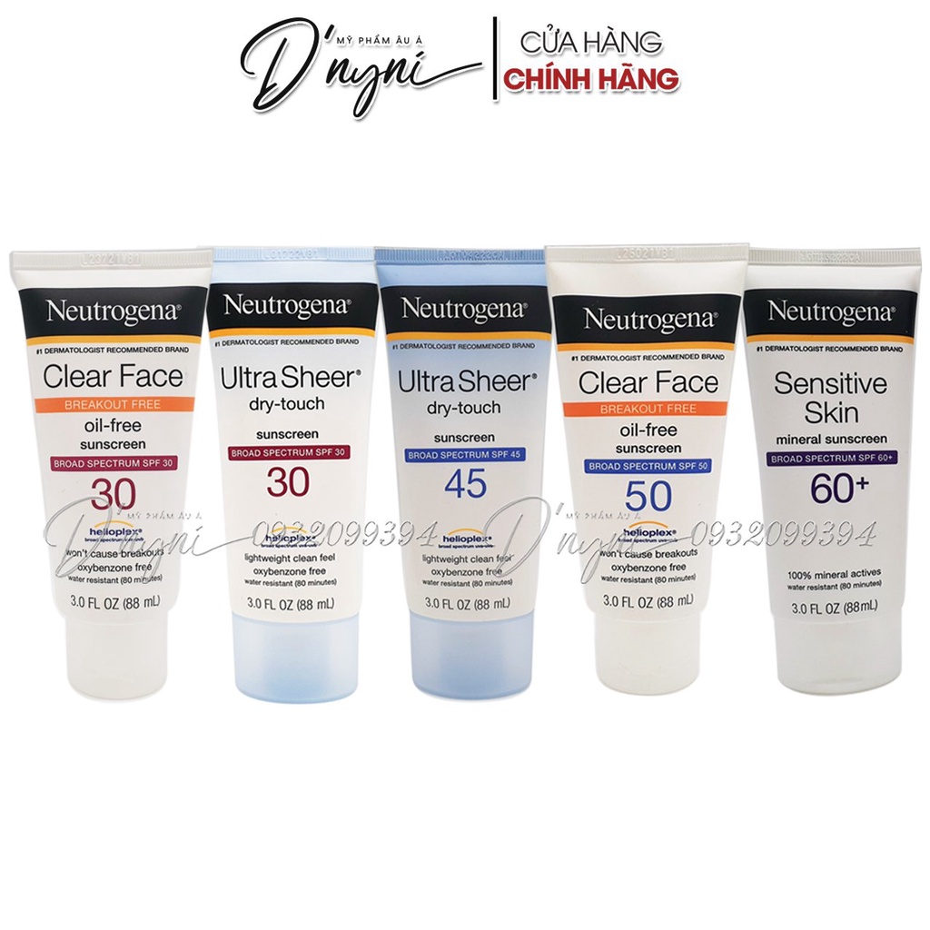 Kem Chống Nắng Neutrogena Ultra Sheer Dry-Touch Sunscreen SPF100, SPF85, SPF70, SPF55, SPF45, SPF30, Clear Body SPF30