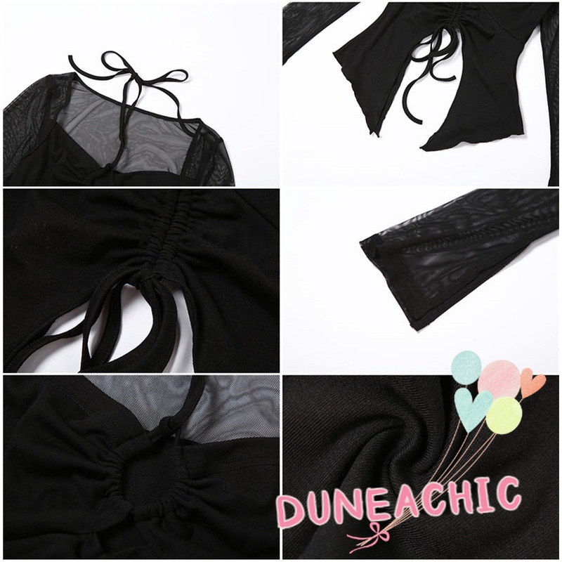 DUNEA Áo Kiểu Tay Dài Phối Lưới Thời Trang Quyến Rũ Cho Nữ