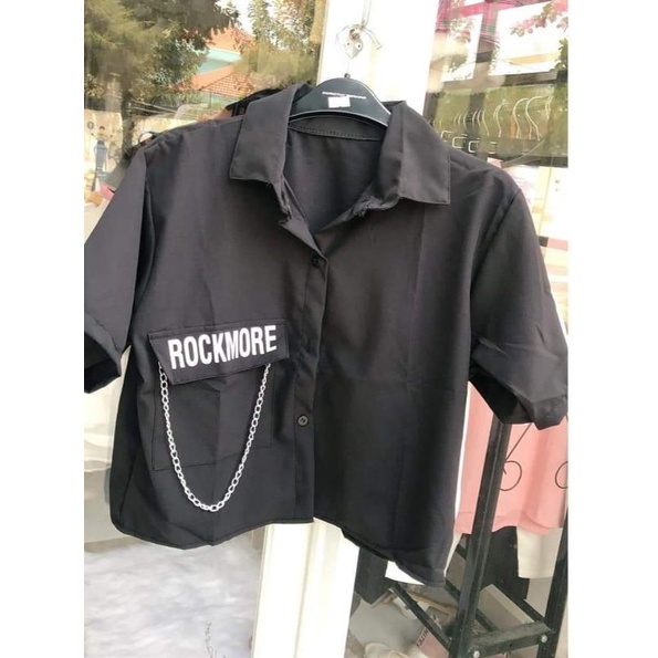 Áo sơ mi croptop phối xích túi hộp Ulzzang