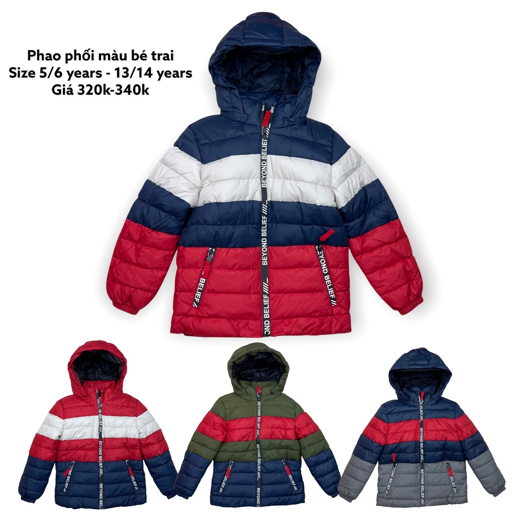 Áo phao litibaby bé trai size 5/6-13/14, cho bạn từ 25-50kg. Mũ có thể tháo rời