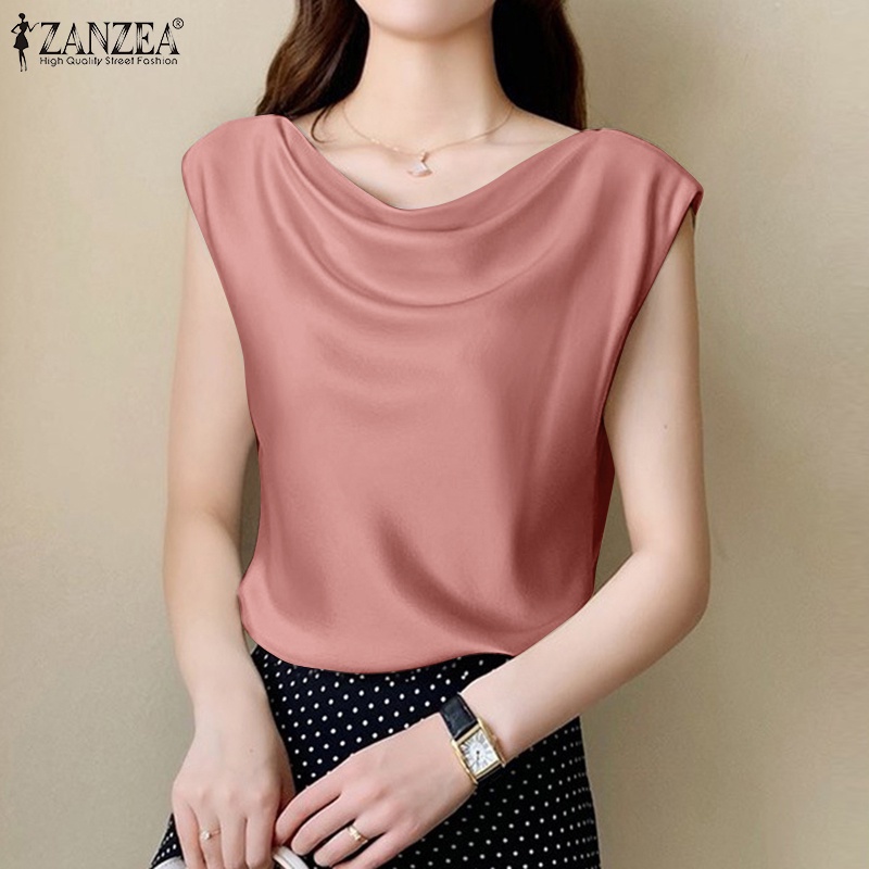 Zanzea Áo Kiểu Vải Satin Không Tay Dáng Rộng Thời Trang Công Sở Cho Bạn Gái