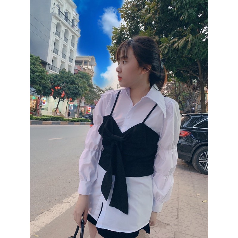 ÁO SƠ MI TAY BỒNG KÈM ÁO YẾM NƠ | BigBuy360 - bigbuy360.vn