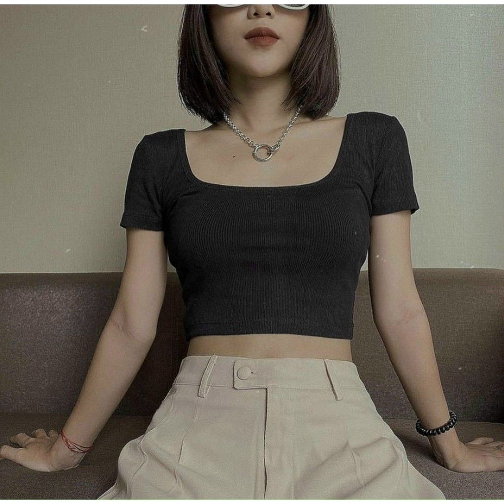 Áo croptop cột nơ  sau lưng ACON 203, hở nhẹ bờ vai, sexy năng động, áo thun gân kiểu nữ độc lạ trơn basic đen trắng ôm