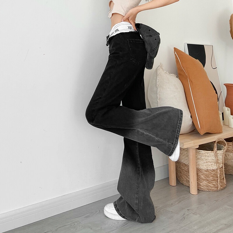 Quần jeans denim KLIOU 2022 ống loe lưng cao màu gradient thời trang cho nữ