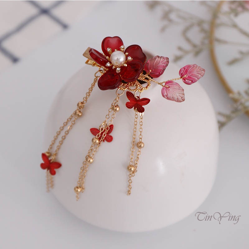 GETNOIVAS 1 Cặp Trâm Cài Tóc Cô Dâu Hình Hoa Đỏ Phong Cách Trung Hoa Cổ Điển
