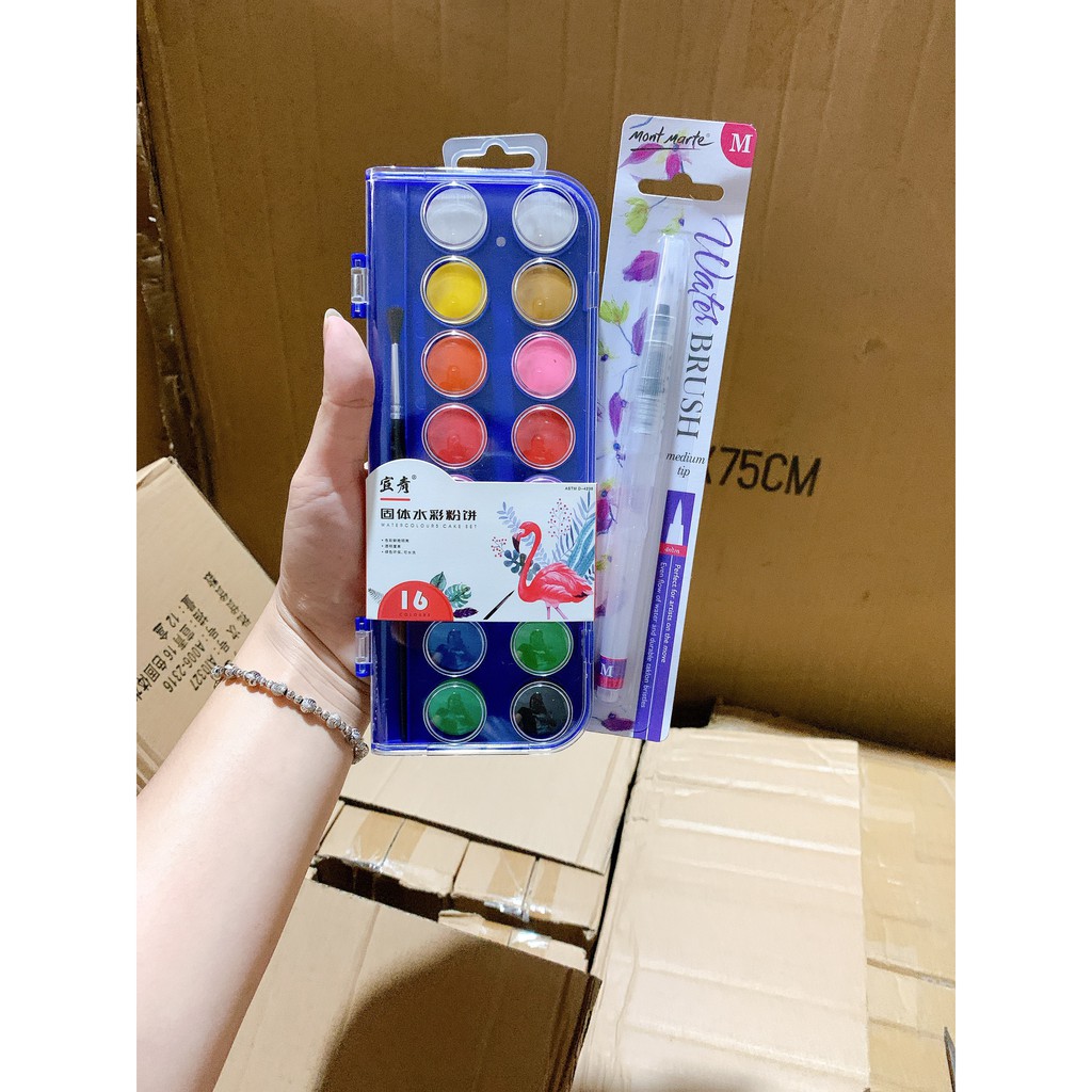 BỘ MÀU NƯỚC 16 Ô MÀU TẶNG KÈM 2 BÚT VẼ CHO BÉ