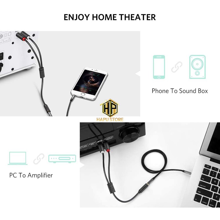 Cáp Audio 3.5mm Âm ra 2 RCA Dương dài 20cm Ugreen 10561 - Hàng Chính Hãng