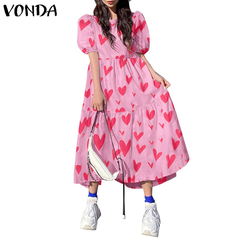 Đầm VONDA tay ngắn form rộng họa tiết trái tim trẻ trung cho nữ