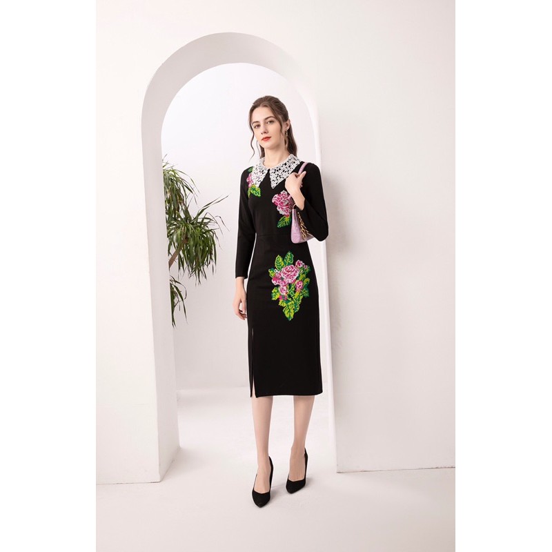 váy đầm nữ dự tiệc cổ ren vải cotton La Mã, hoa thêu chữ thập nặng, chạm ba chiều và tinh tế