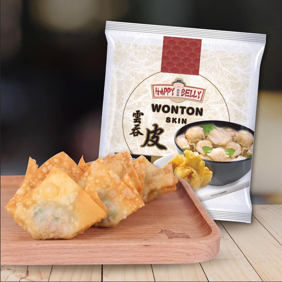 Vỏ hoành thánh/ Wonton Skin Singapore Happy Belly 300gr size 11*11cm hoành thánh đông lạnh