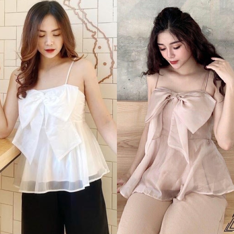 Áo hai dây nơ to chất voan tơ mịn màng Áo 2 dây tiểu thư voan lụa hai lớp