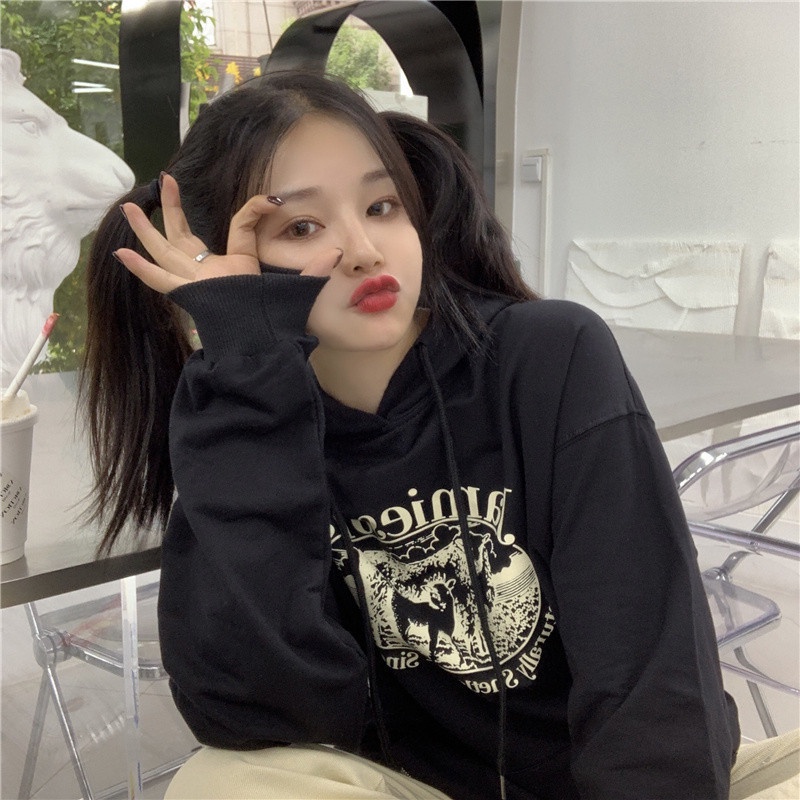 Áo Hoodie Form Rộng Họa Tiết In Theo Phong Cách Preppy Dễ Phối Đồ