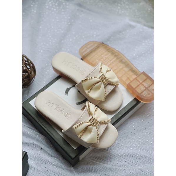 Dép lê bé gái ,Dép nơ đá sang chảnh da PU mềm cho bé gái