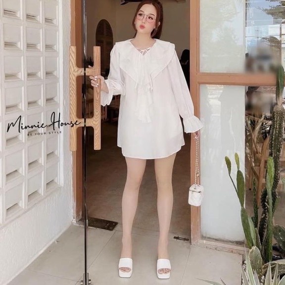 Áo sơ mi phối bèo tiểu thư dáng thụng rộng 2 màu siêu xinh, Áo váy nữ phong cách trẻ trung năng động hàng đẹp | BigBuy360 - bigbuy360.vn