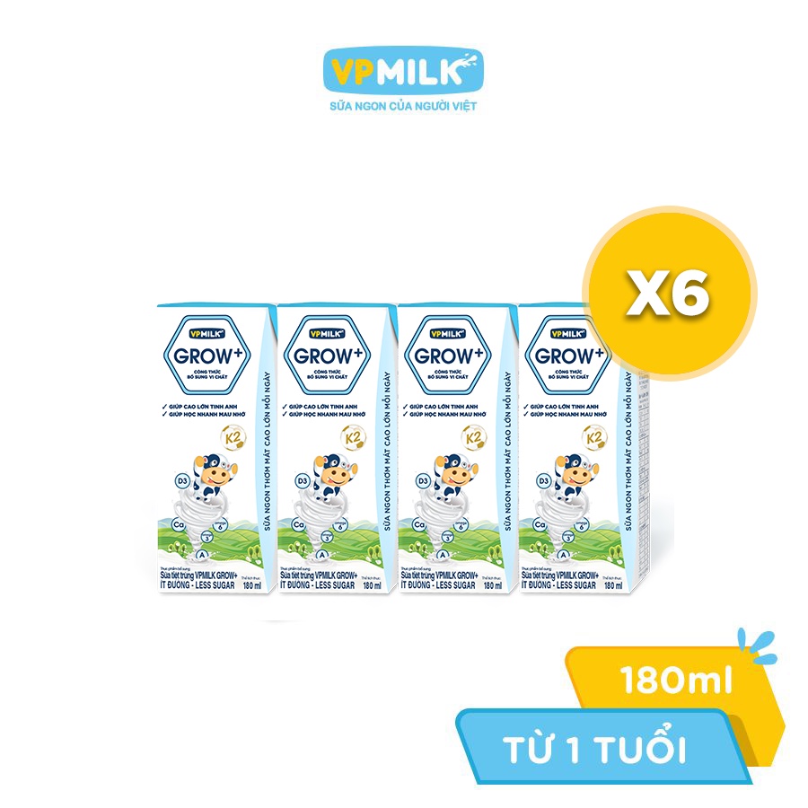 Combo 6 lốc sữa tươi tiệt trùng VPMilk Grow+ ít đường 180ml (lốc 4 hộp x 6)